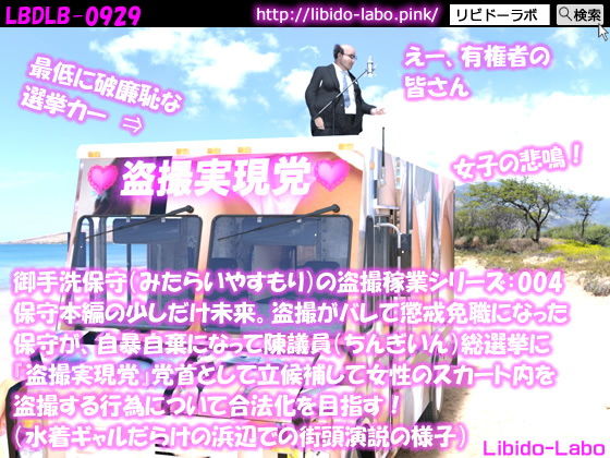 【●100】御手洗保守（みたらいやすもり）の盗撮稼業シリーズ:004 保守本編の少しだけ未来。盗撮がバレて懲戒免職になった保守が、自暴自棄になって陳議員総選挙に『盗撮実現党』党首として立候補して女性のスカート内を盗撮する行為について合法化を目指す！（水着ギャルだらけの浜辺での街頭演説の様子）