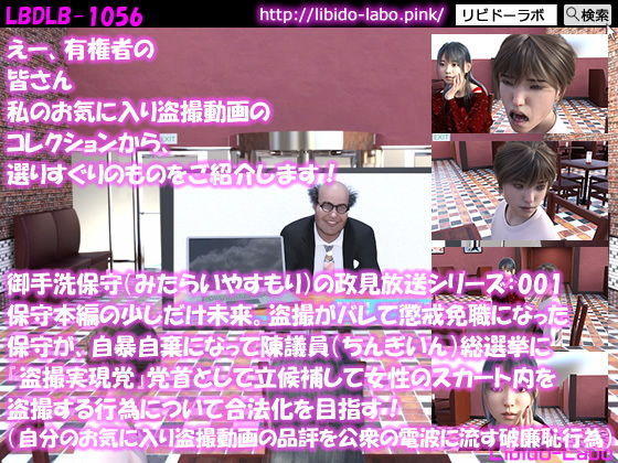 【●△100】御手洗保守(みたらいやすもり)の政見放送シリーズ:001+ 保守本編の少しだけ未来。盗撮がバレて懲戒免職になった保守が、自暴自棄になって陳議員総選挙に『盗撮実現党』党首として立候補して女性のスカート内を盗撮する行為について合法化を目指す!(破廉恥政見放送が、ランチ時のOLの眼に触れた!)