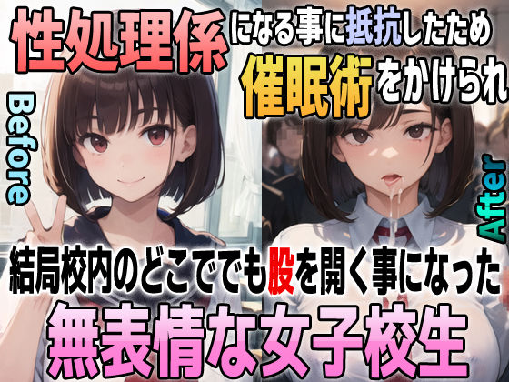 性処理係になる事に抵抗したため催●術をかけられ結局校内のどこででも股を開く事になった無表情な女子校生