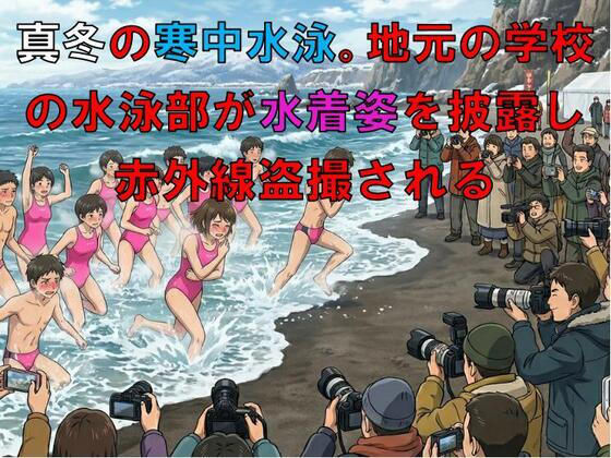 真冬の寒中水泳。地元の学校の水泳部が水着姿を披露し、赤外線盗撮される